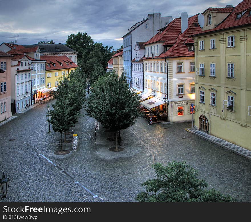 Prague, Czech Republic. A square near Carol Bridge, nighttime. HDR. Prague, Czech Republic. A square near Carol Bridge, nighttime. HDR