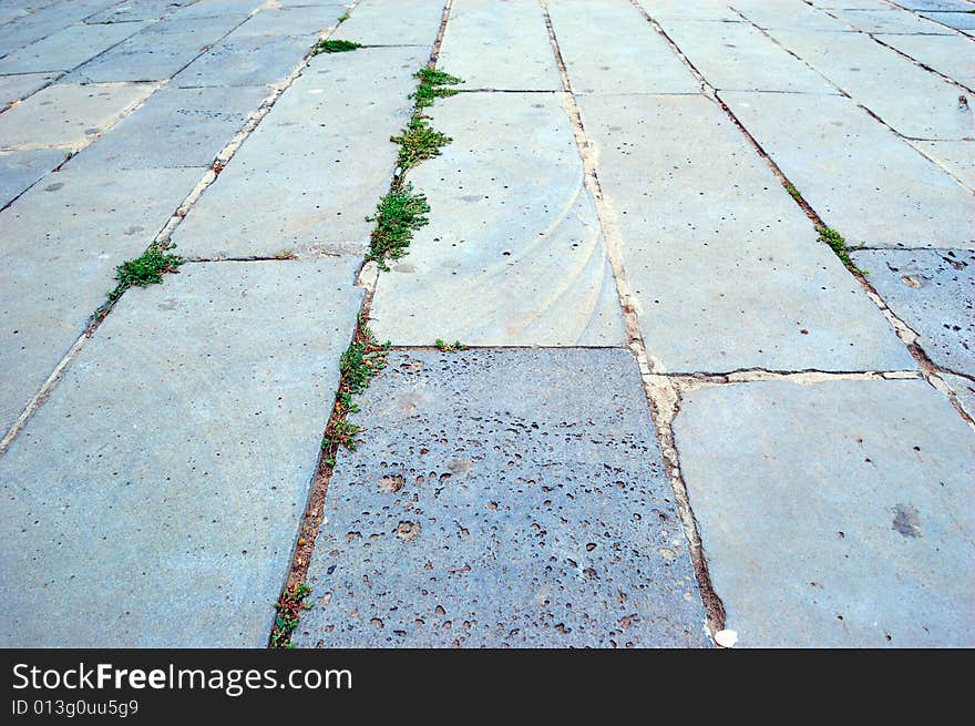 Close-up of new old-style pavement of bricks of grey color