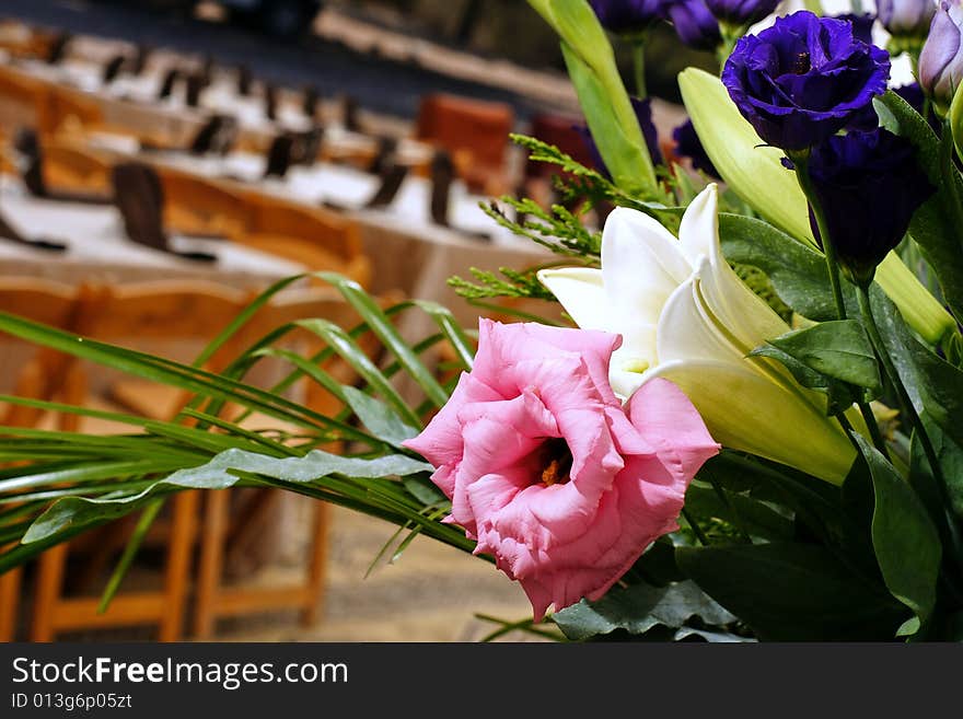 Wedding decorations flowers with tables on background