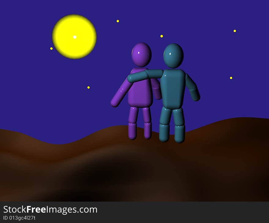 Couple of 3d persons  embracing by moonlight. Couple of 3d persons  embracing by moonlight