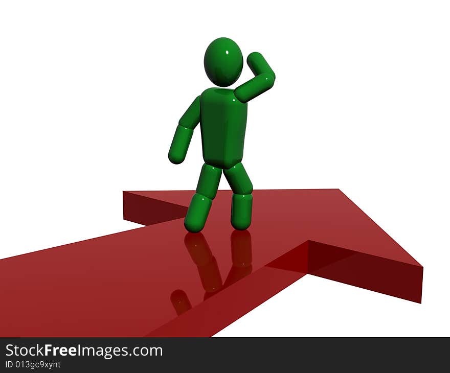 3d person staying on a pointer, isolated on white background.