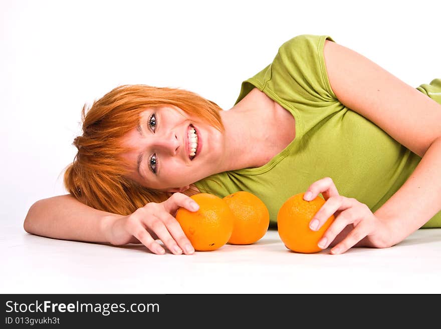 Woman with fruits orange