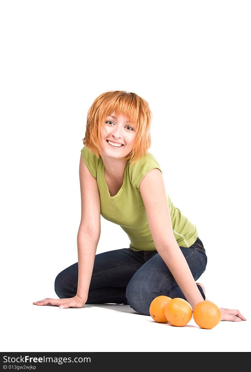 Woman with fruits orange