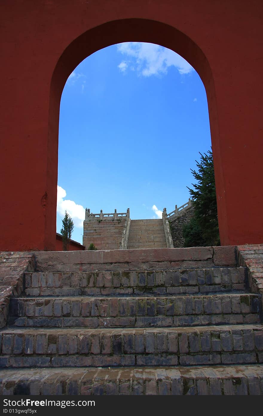 Temple door window against blue sky