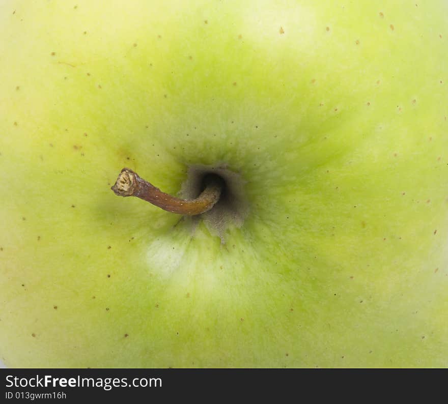 Nice fresh green closeup apple with tail. Nice fresh green closeup apple with tail