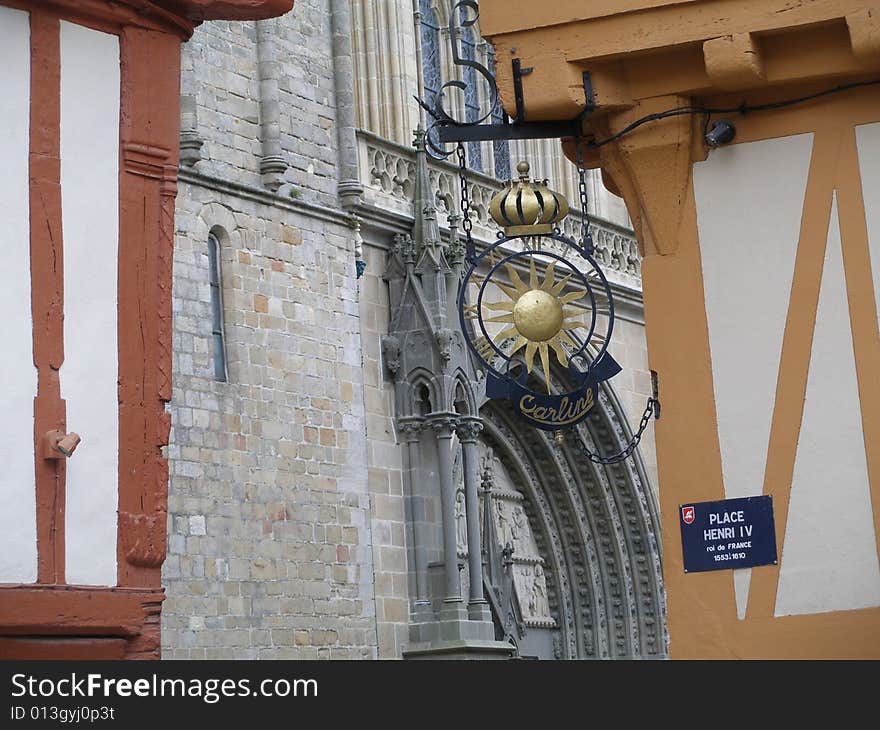 Historical buildings houses in Brittany, coat-of-arms sun. Historical buildings houses in Brittany, coat-of-arms sun