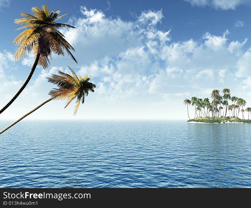 Sunset coconut palm trees on small island.