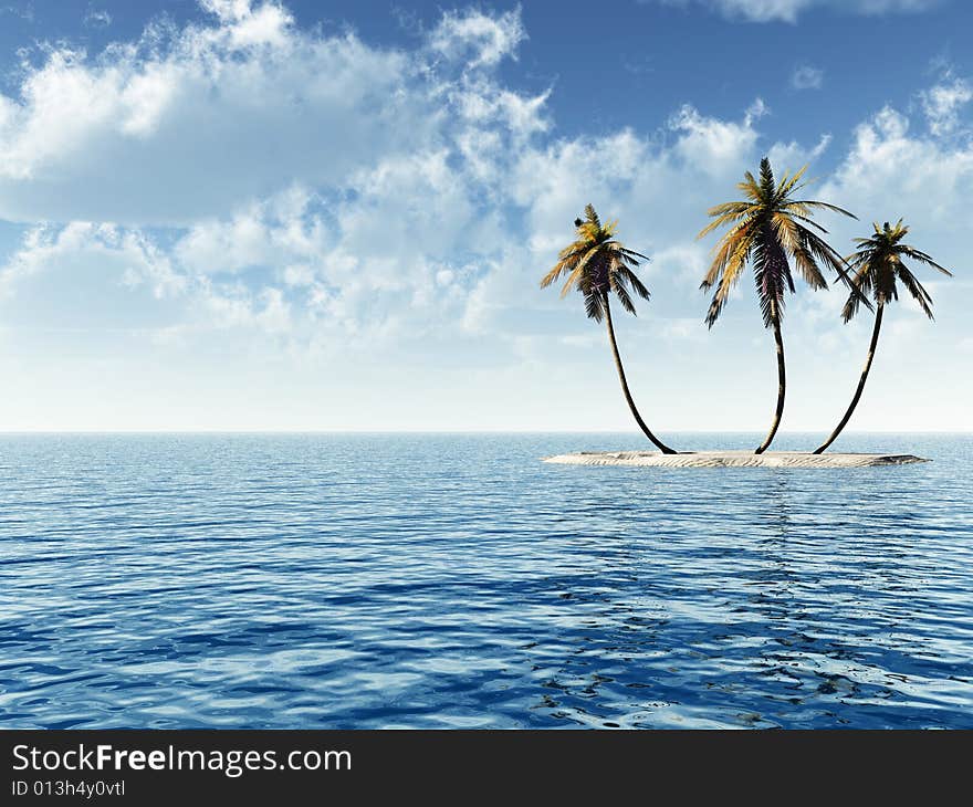 Coconut palm trees on a small island - digital artwork. Coconut palm trees on a small island - digital artwork