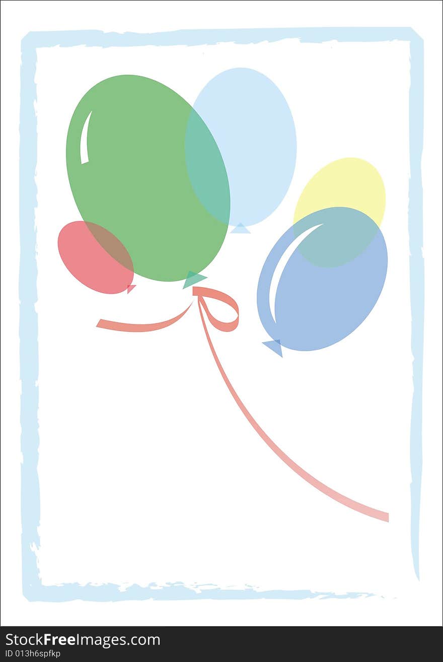 Balloons flying upwards. The red tape is adhered to a green balloon. The composition is framed with a blue framework.