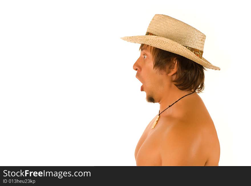 Isolated portrait of astonished man in straw hat