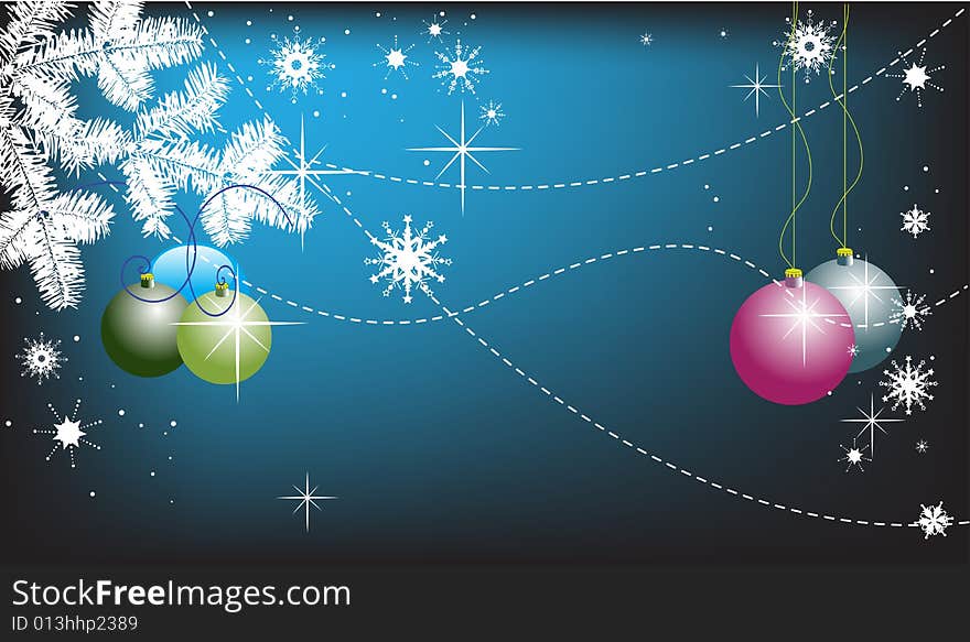 Abstract colored background with white fir branch, snowflakes and colored Christmas ball ornaments. Abstract colored background with white fir branch, snowflakes and colored Christmas ball ornaments