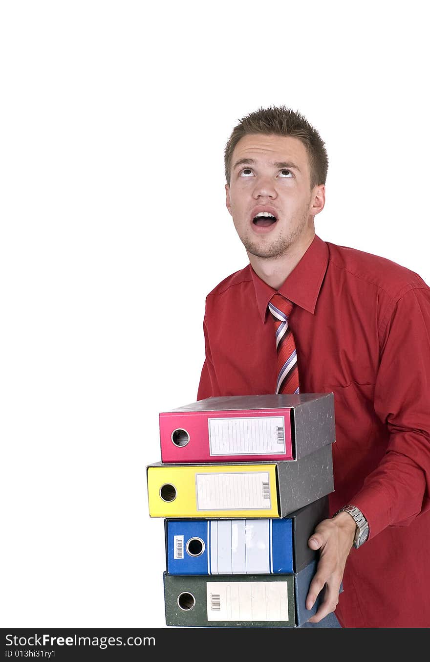 an tired man holding registers. an tired man holding registers