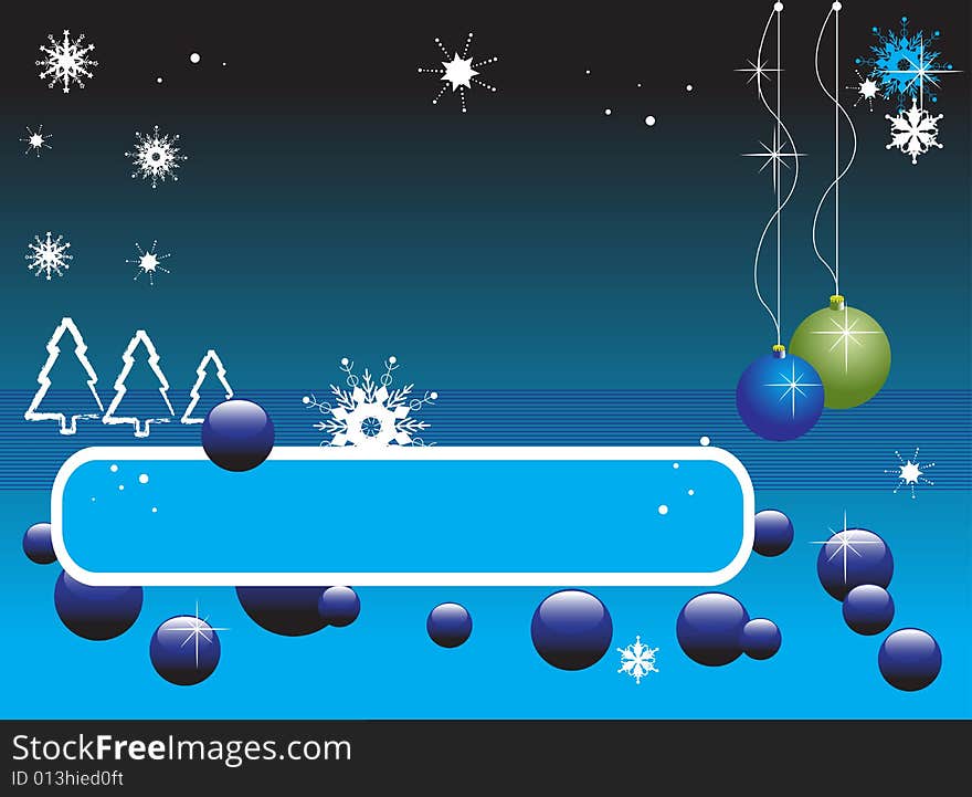 Abstract colored illustration with snowflakes, blue banner, bubbles, fir shapes and colored Christmas balls. Abstract colored illustration with snowflakes, blue banner, bubbles, fir shapes and colored Christmas balls