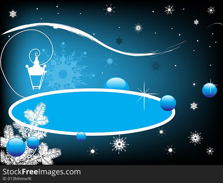 Abstract colored illustration with white lamp shape, fir branch, snowflakes, blue banner and blue bubbles. Abstract colored illustration with white lamp shape, fir branch, snowflakes, blue banner and blue bubbles