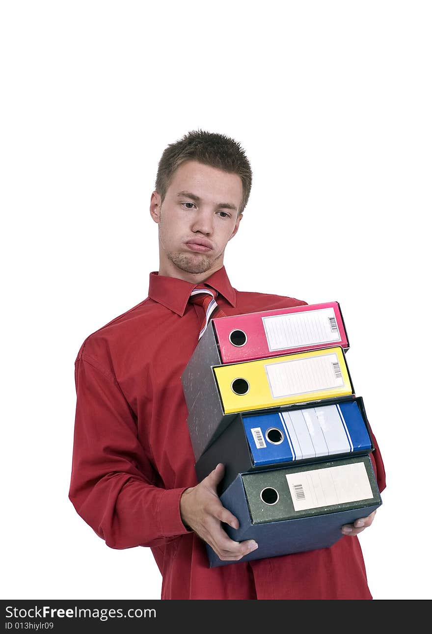 Tired man holding a registers. Tired man holding a registers