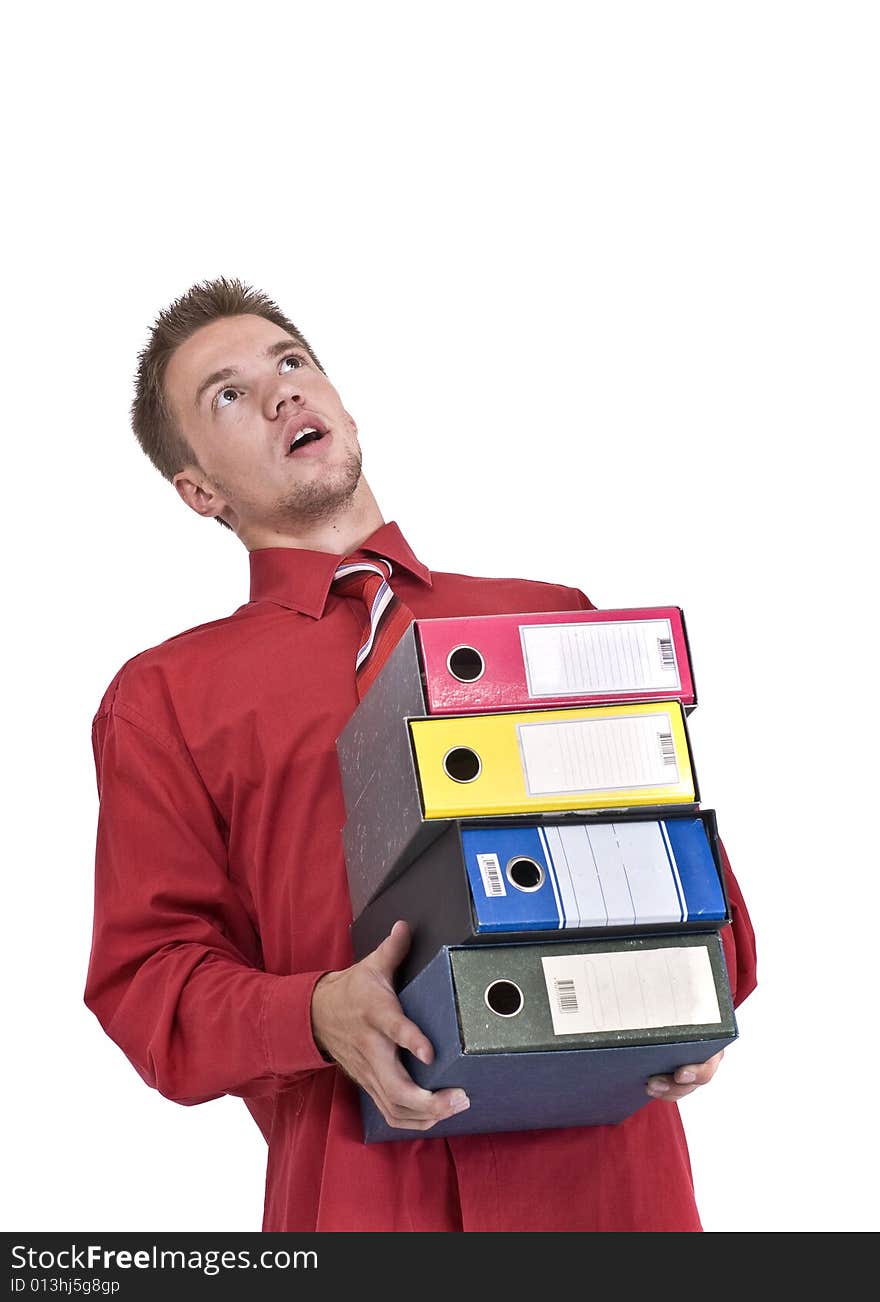 Tired man holding a registers. Tired man holding a registers