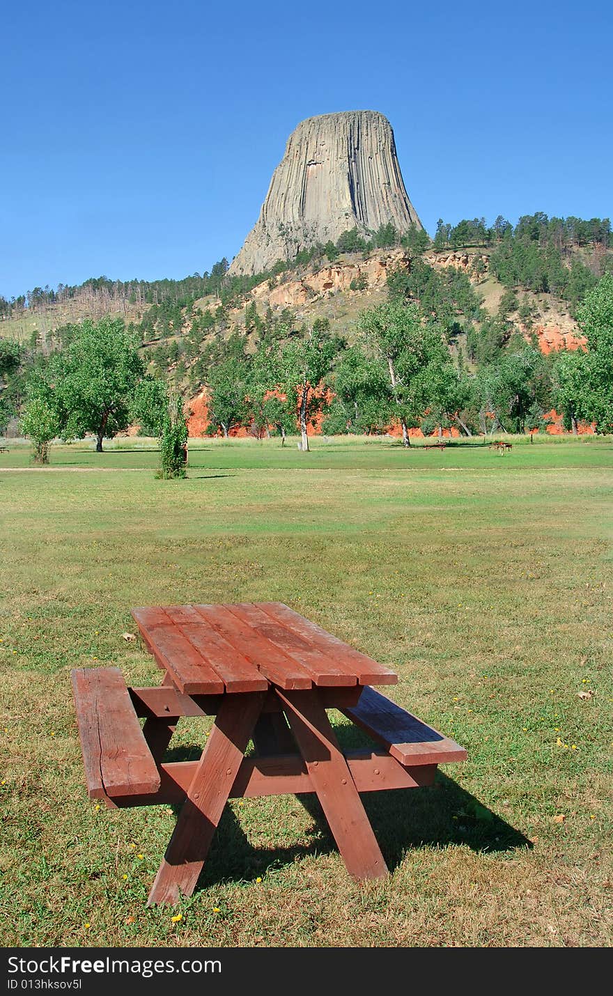 An empty picninc table by Devil's Tower Monument in Wyoming. An empty picninc table by Devil's Tower Monument in Wyoming.