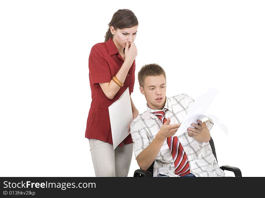 Man and woman argue in office. Man and woman argue in office