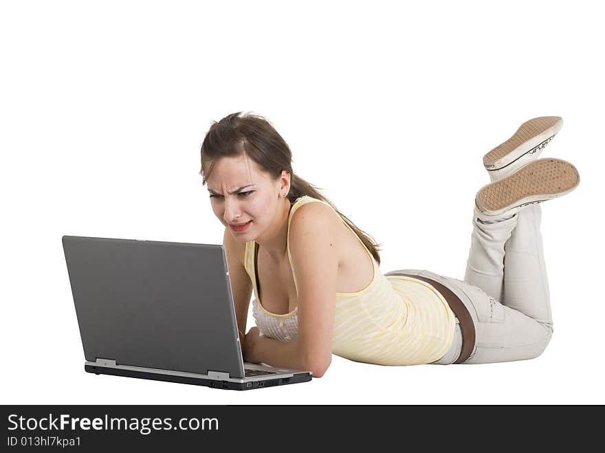 Young girl with laptop emotion. Young girl with laptop emotion