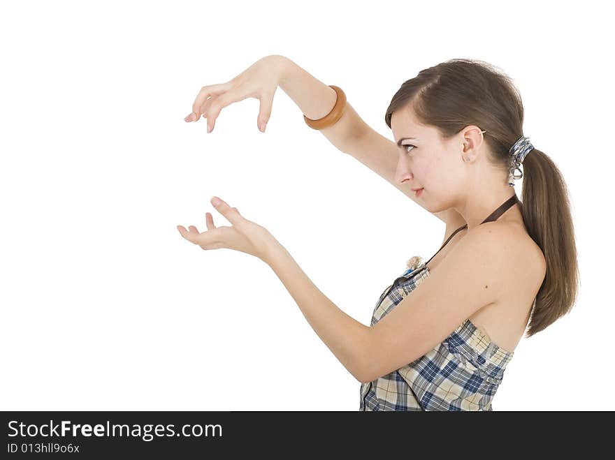 Beautiful young woman posing like holding something. Beautiful young woman posing like holding something