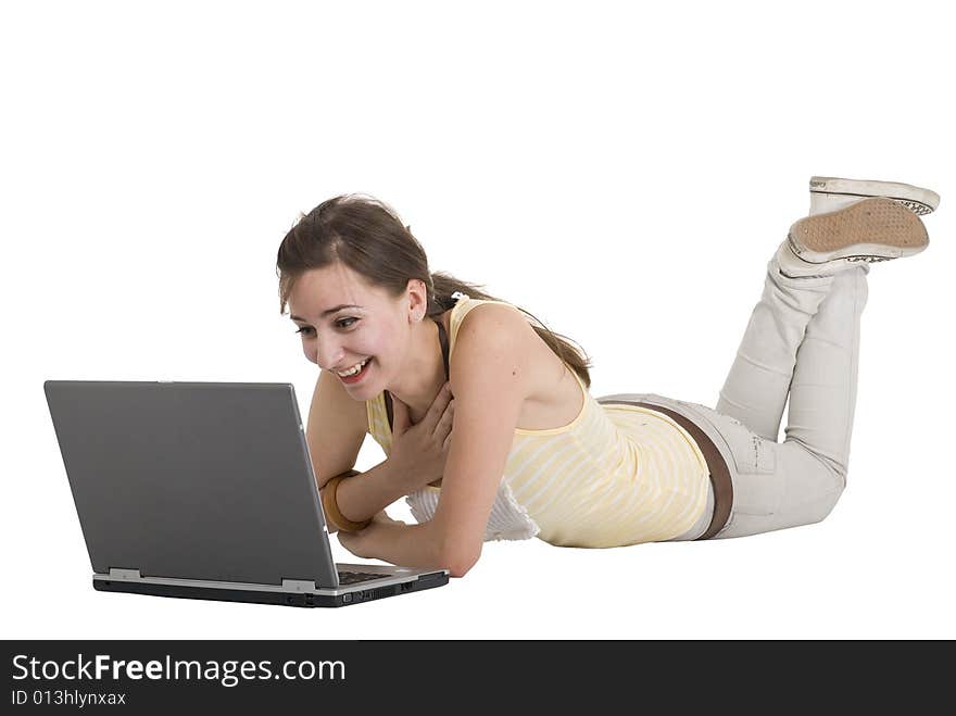 Young girl with laptop emotion. Young girl with laptop emotion