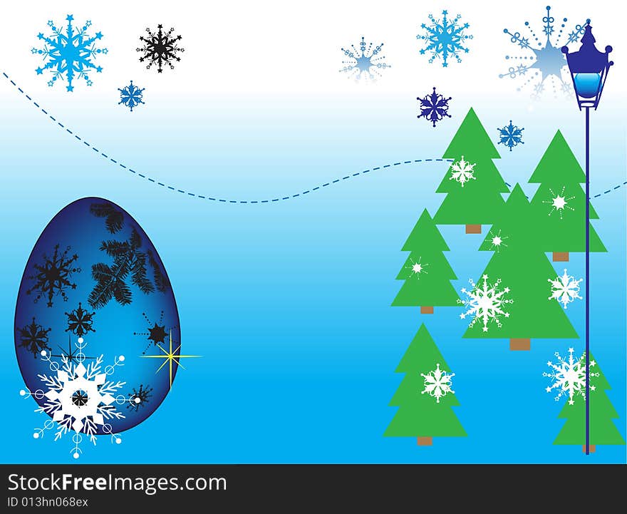 Abstract colored illustration with snowflakes, firs, lamp and blue egg with winter seasonal elements. Abstract colored illustration with snowflakes, firs, lamp and blue egg with winter seasonal elements