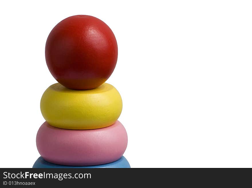 Close up to wooden stacking rings toy on white background