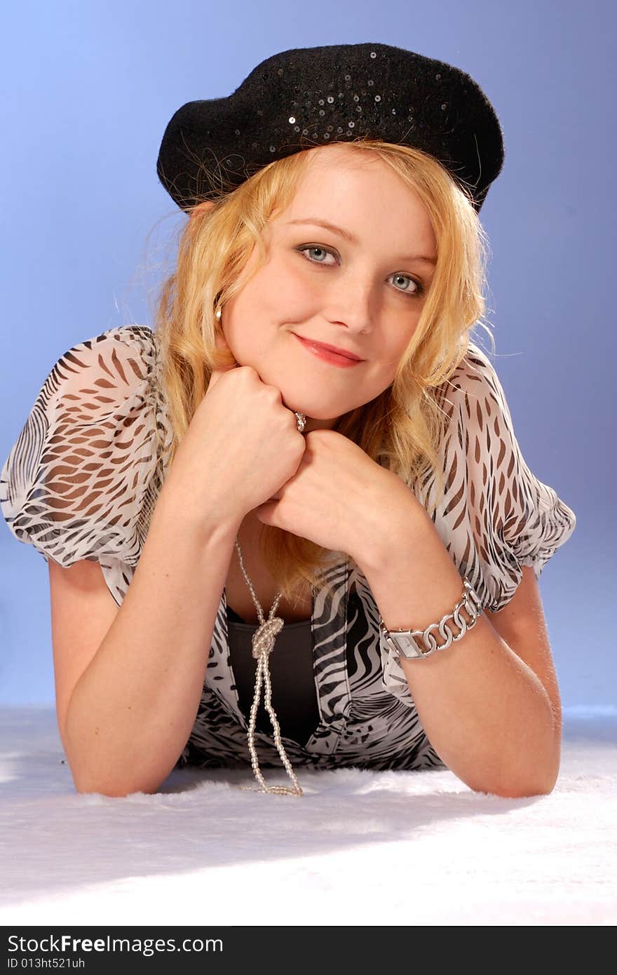 Close up portrait of cute young lady in beret, smiling. Close up portrait of cute young lady in beret, smiling