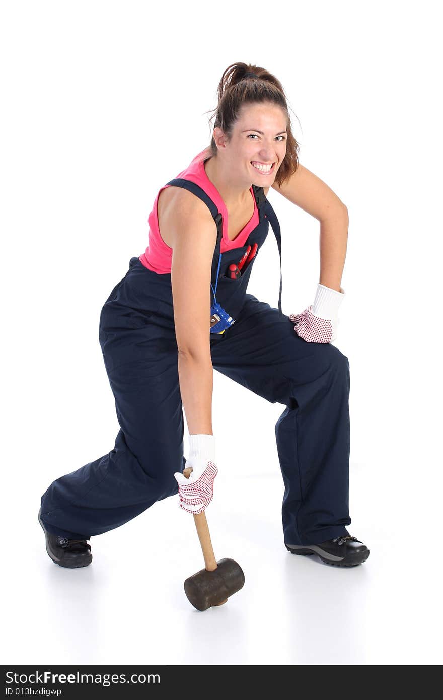 Woman with black rubber mallet on white background