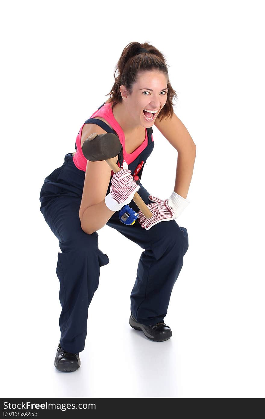 Woman with black rubber mallet on white background