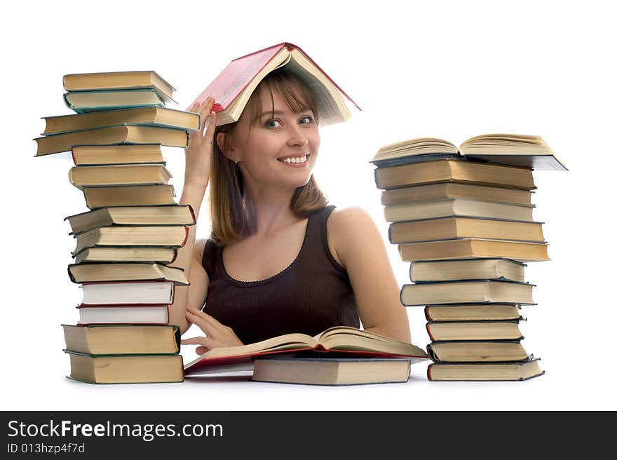 Young Woman And A Pile Of Books