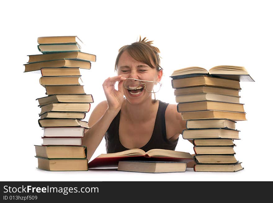 The young woman and a pile of books