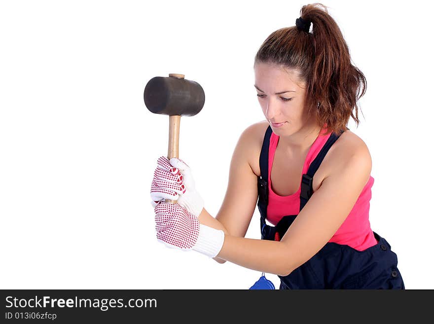 Woman with black rubber mallet on white background