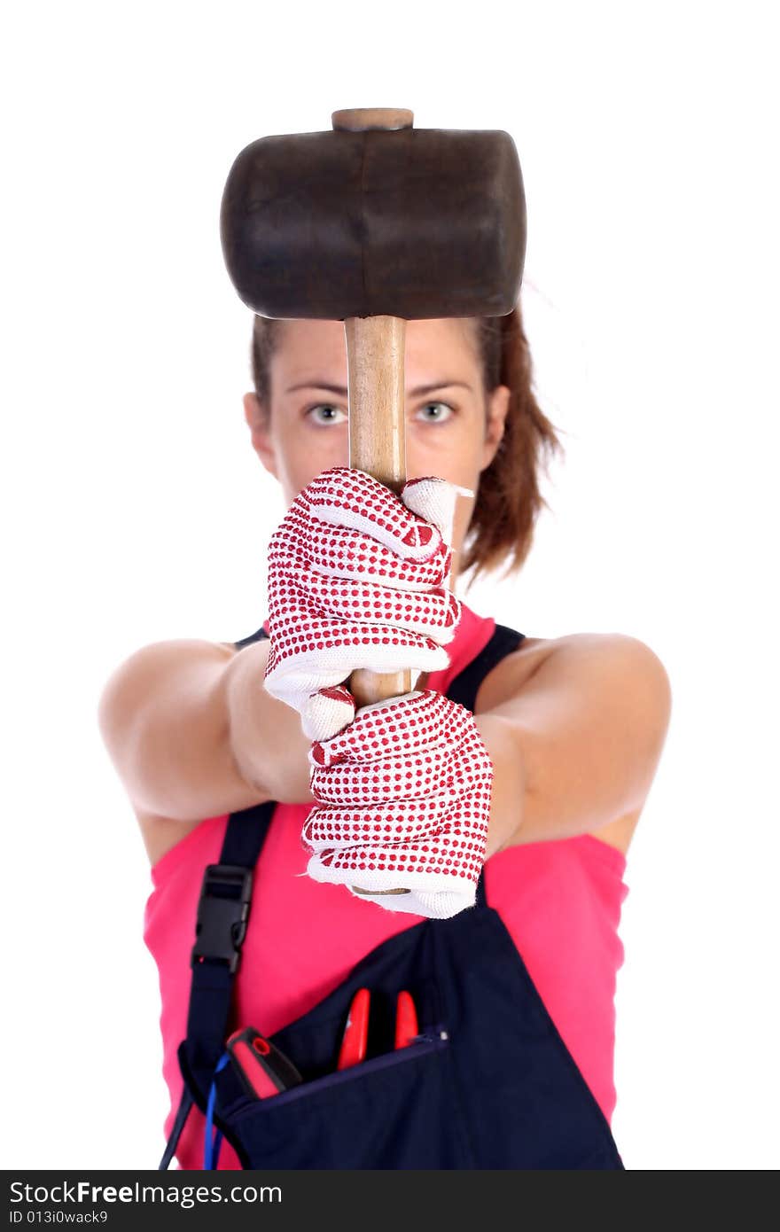 Woman with black rubber mallet on white background