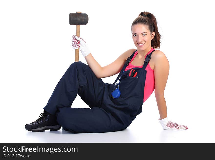 Woman with black rubber mallet on white background