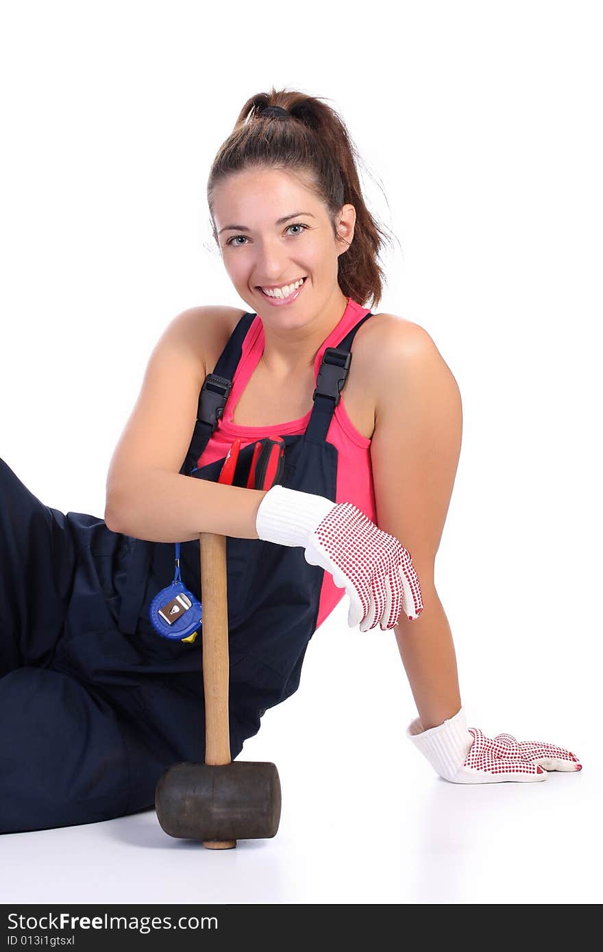 Woman with black rubber mallet on white background