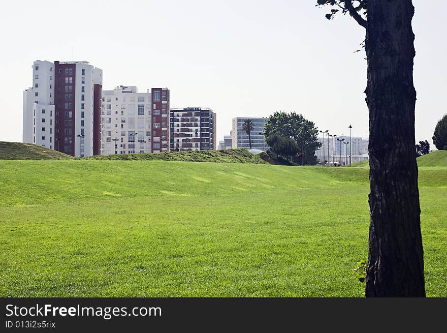 Panorama of a urban park, Lisbon, Portugal