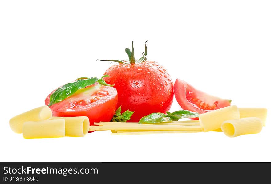 Fresh tomatoes with spaghetti over white. Fresh tomatoes with spaghetti over white