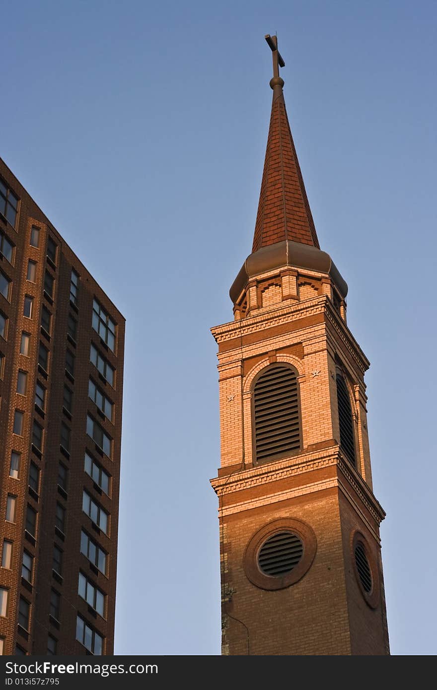 Tower of a church in downtown Chicago