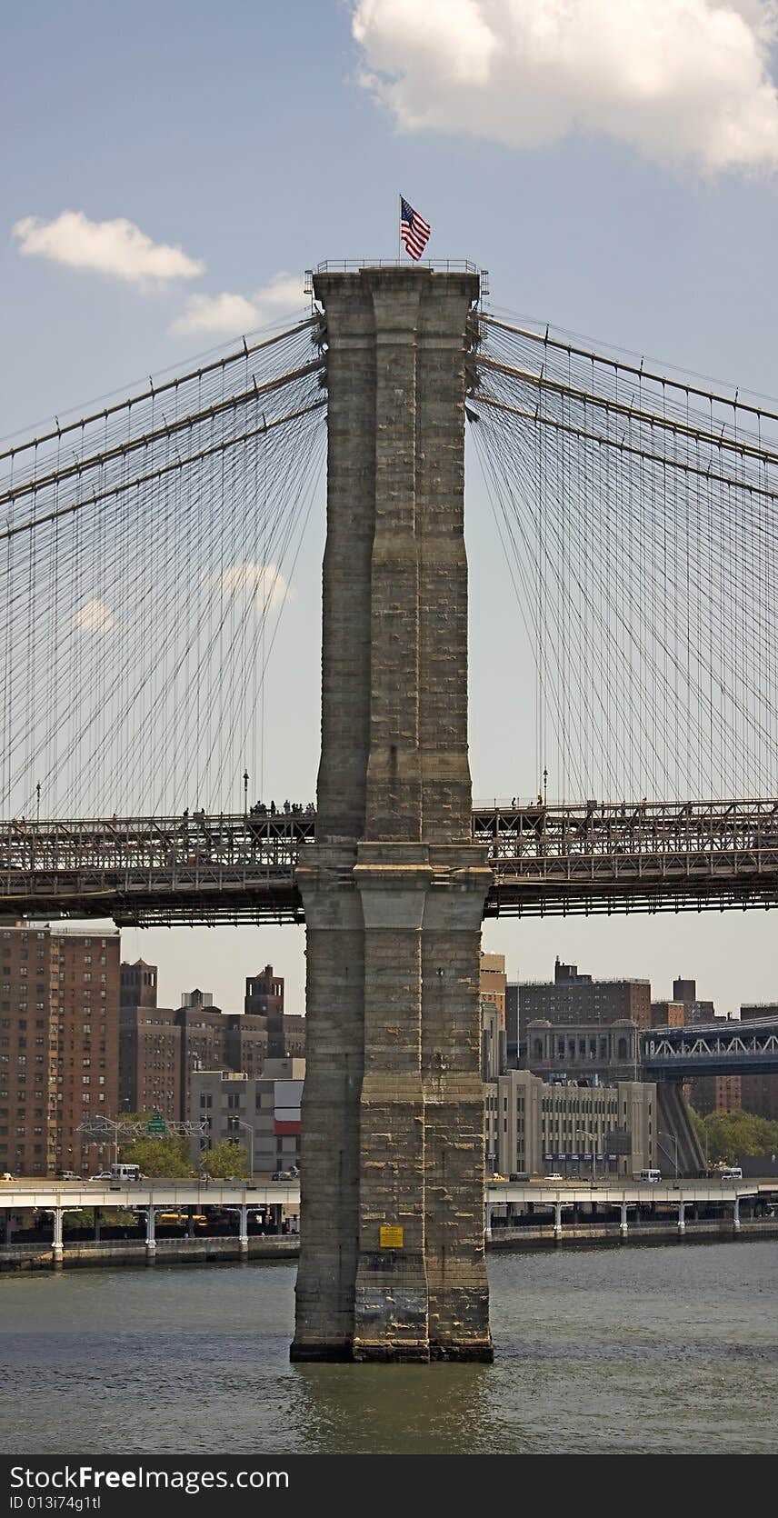 Part of the Brooklyn Bridge taken from South Street Seaport.