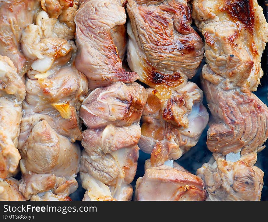 Closeup of shashlik on a metal skewers