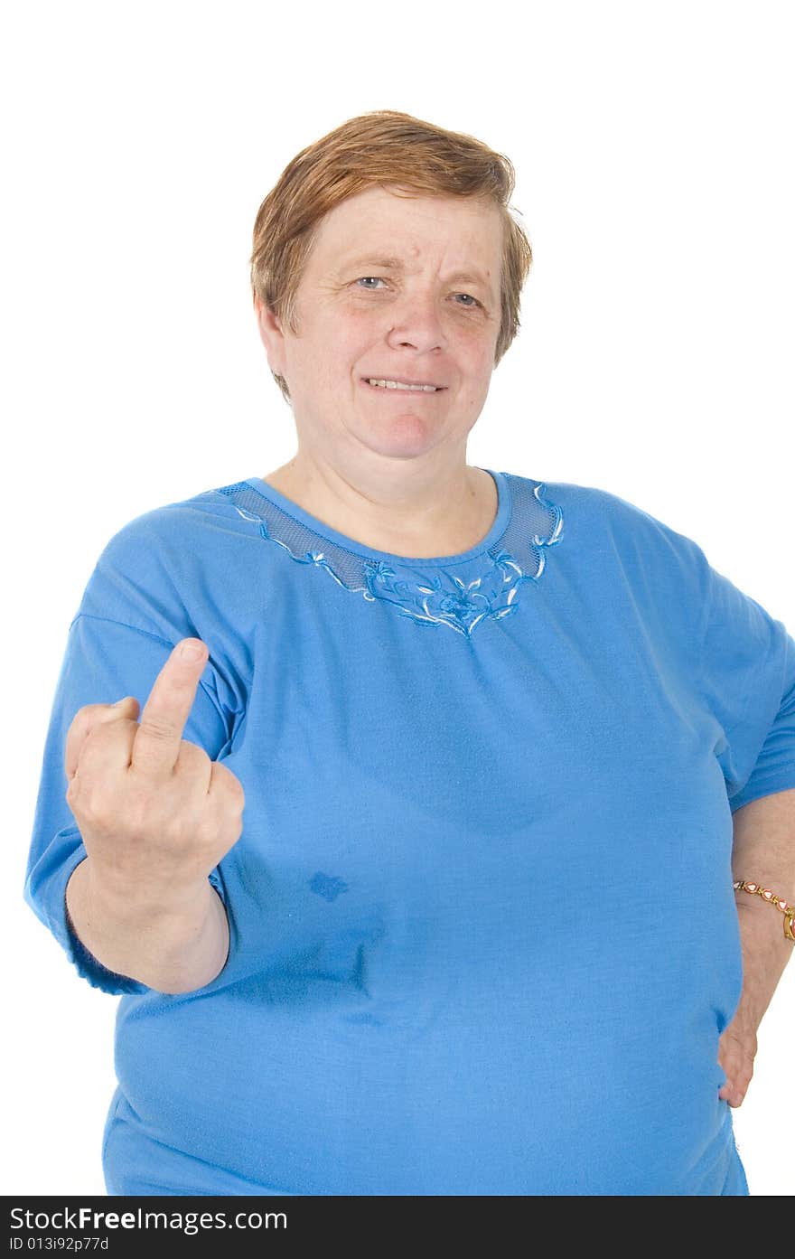 Elderly woman putting up her middle finger