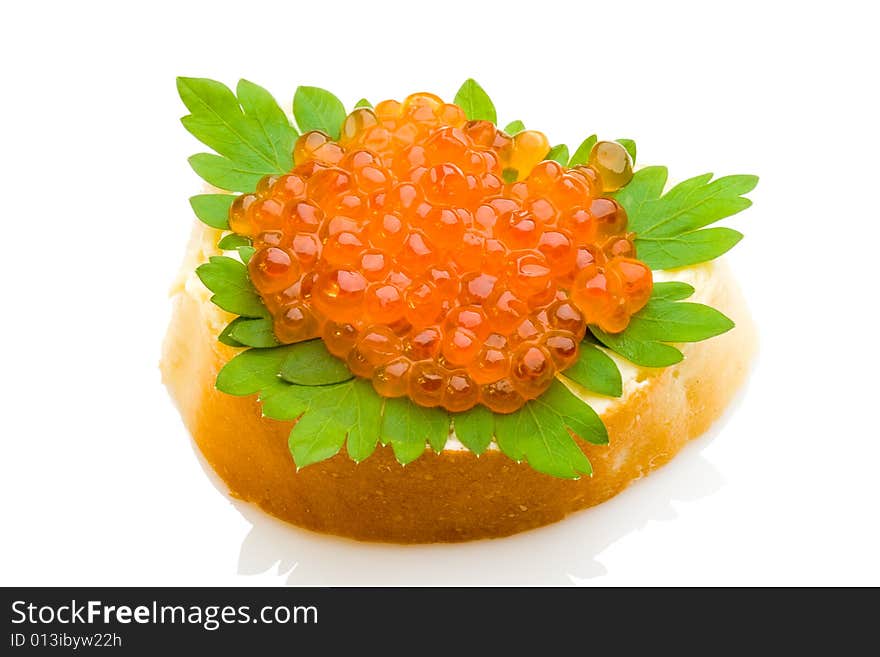 Isolated sandwich with red salmon caviar with white background