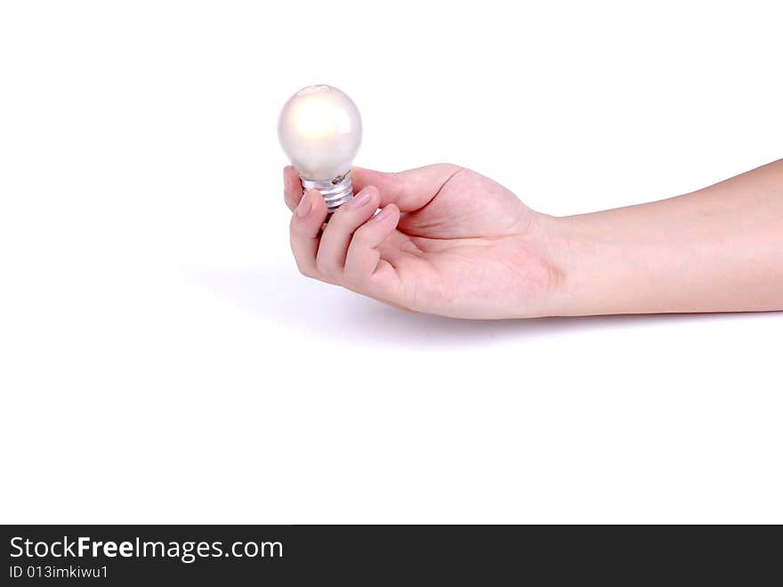 Light bulb in hand, isolated on white background