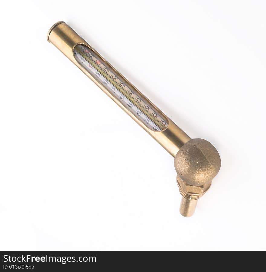 Brass thermometer with Celsius scale isolated on the white. Brass thermometer with Celsius scale isolated on the white