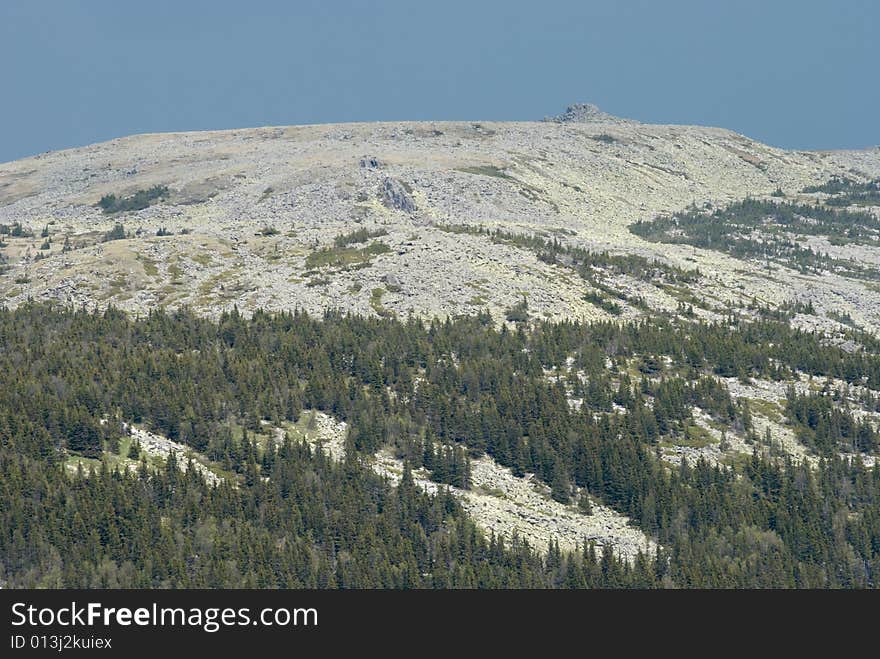 Summer on the South Ural.Green forest.Peak Iremel mountain.