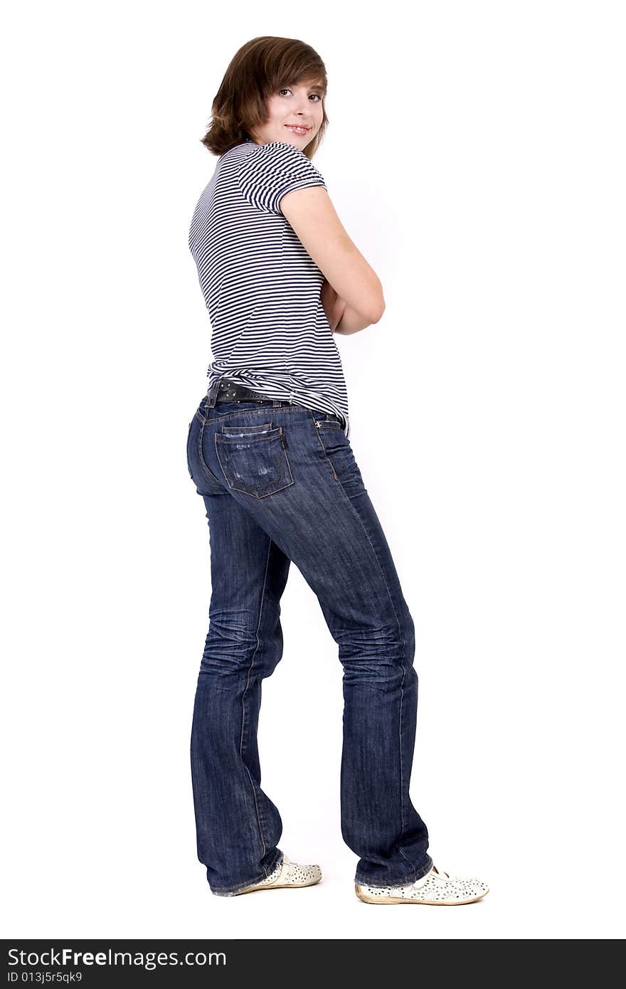 Young attractive woman on white background