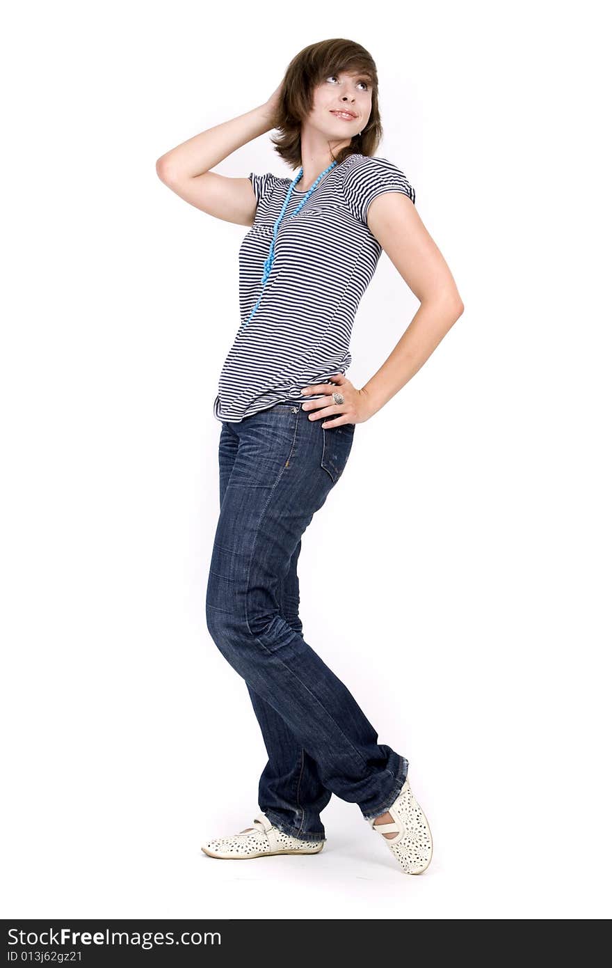 Young attractive woman on white background