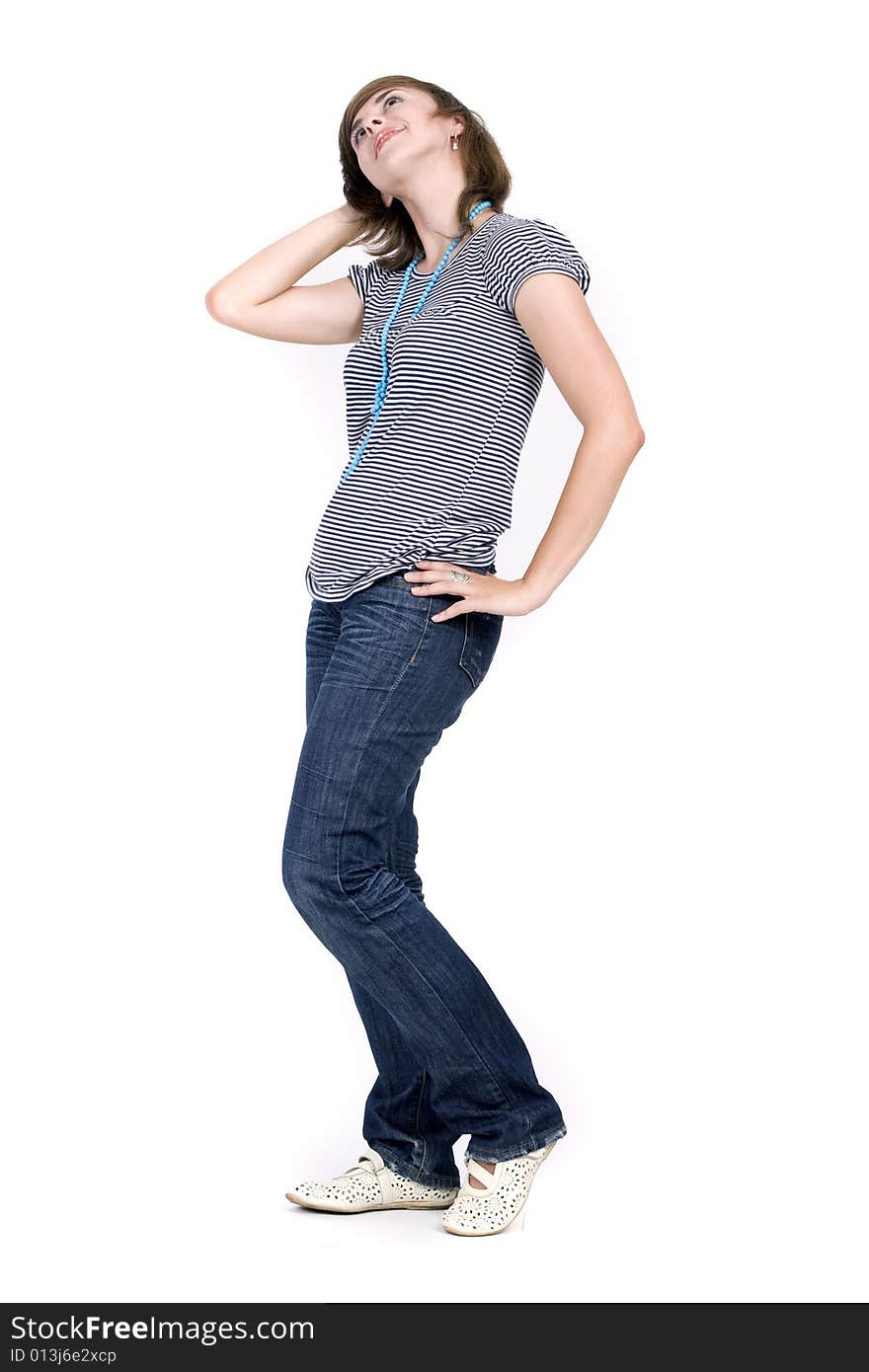 Young attractive woman on white background