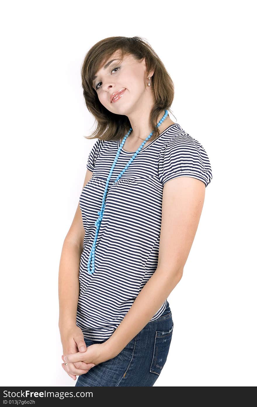 Young attractive woman on white background